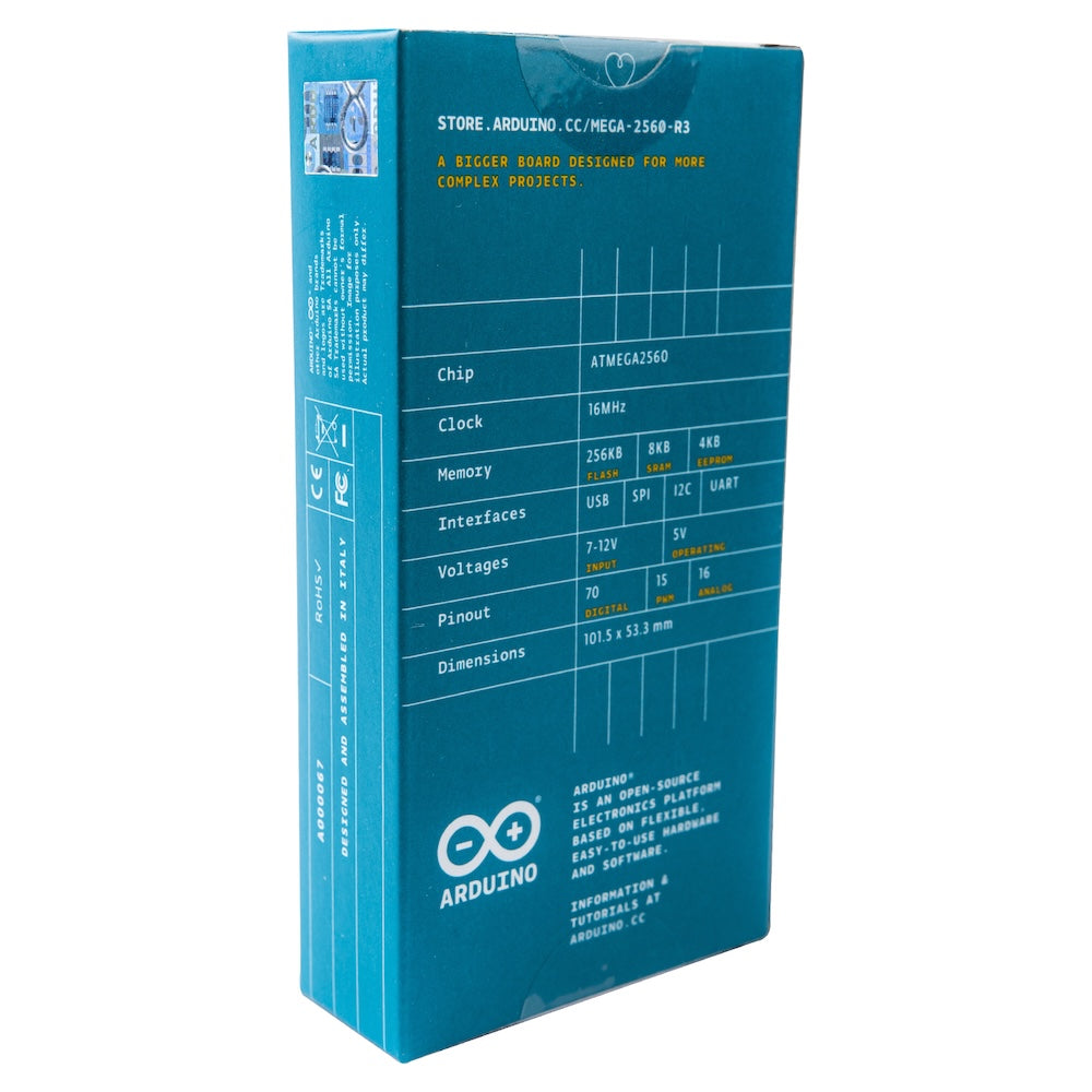 Blue packaging box for Arduino MEGA 2560 Rev3 featuring technical specifications and Arduino logo for electrónica and. - Arduino MEGA 2560 Rev3 - Microbot México - Default Title