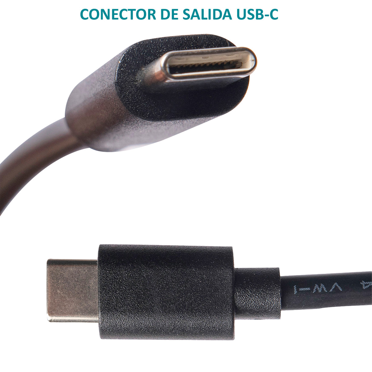 Dos vistas en primer plano de un conector de salida USB-C (Tipo C) de color negro para cargador o cable de datos.