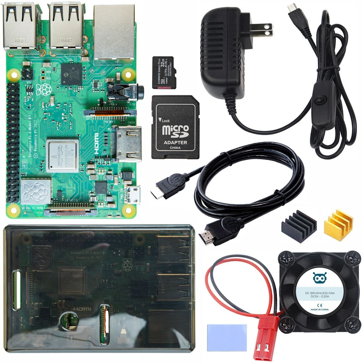 Raspberry Pi 3B+ board with microSD card, HDMI cable, power adapter, cooling fan, heatsinks, and black transparent case for. - Kit Raspberry PI 3B+ SD HDMI - Microbot México - Negro