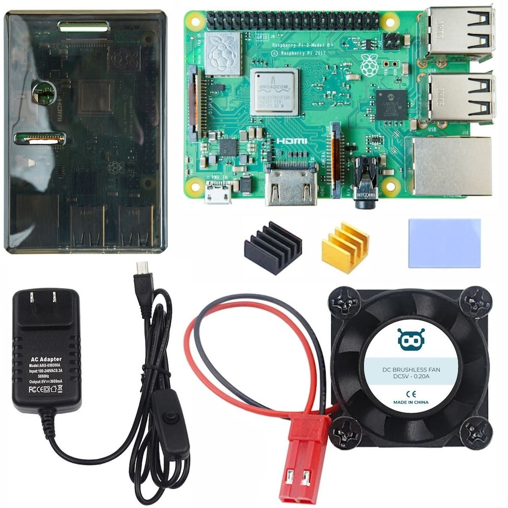 Raspberry Pi 3B+ electronic kit with microcontroller board, clear protective case, power adapter, heat sinks, fan, and. - Kit Raspberry PI 3B+ - Microbot México - Negro