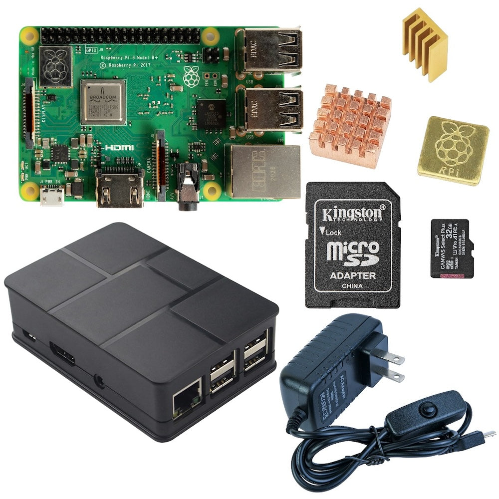 Raspberry Pi 3B+ board with microcontroller components, heatsinks, black case, power adapter, and microSD card kit for. - Kit Raspberry Pi 3B+ Stylus - Microbot México - Default Title