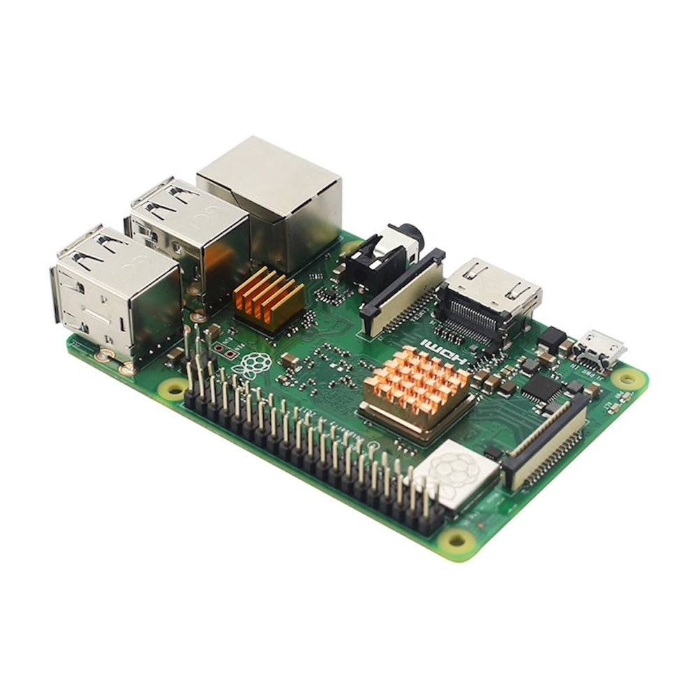 Raspberry Pi 3B+ green circuit board with copper heat sinks and multiple USB and HDMI ports for electrónica and. - Kit Raspberry Pi 3B+ Stylus - Microbot México - Default Title