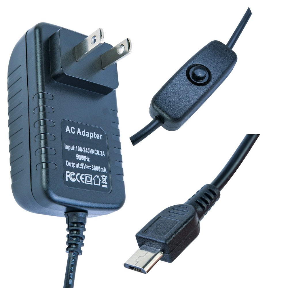 Black AC adapter with on/off switch and micro USB connector for electrónica componentes and microcontroladores projects. - Kit Raspberry Pi 3B+ Stylus - Microbot México - Default Title