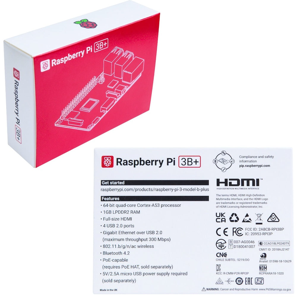 Raspberry Pi 3B+ kit box with red and white design highlighting microcontroladores and módulos for electrónica projects. - Kit Raspberry Pi 3B+ Stylus - Microbot México - Default Title