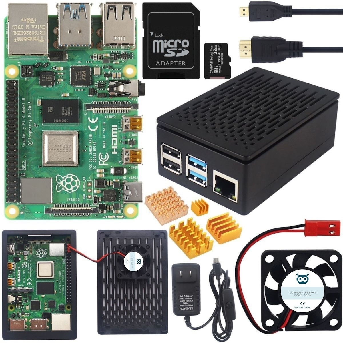Raspberry Pi 4 electronic kit with black case, micro SD adapter, HDMI cables, cooling fan, heat sinks, and power supply. - Kit Raspberry Pi 4 Case Negro SD HDMI - Microbot México - 1GB