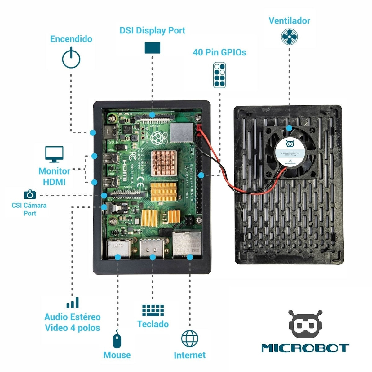 Black Raspberry Pi 4 case open showing green circuit board with copper heatsinks, fan, and labeled ports for electrónica,. - Kit Raspberry Pi 4 Case Negro SD HDMI - Microbot México - 1GB