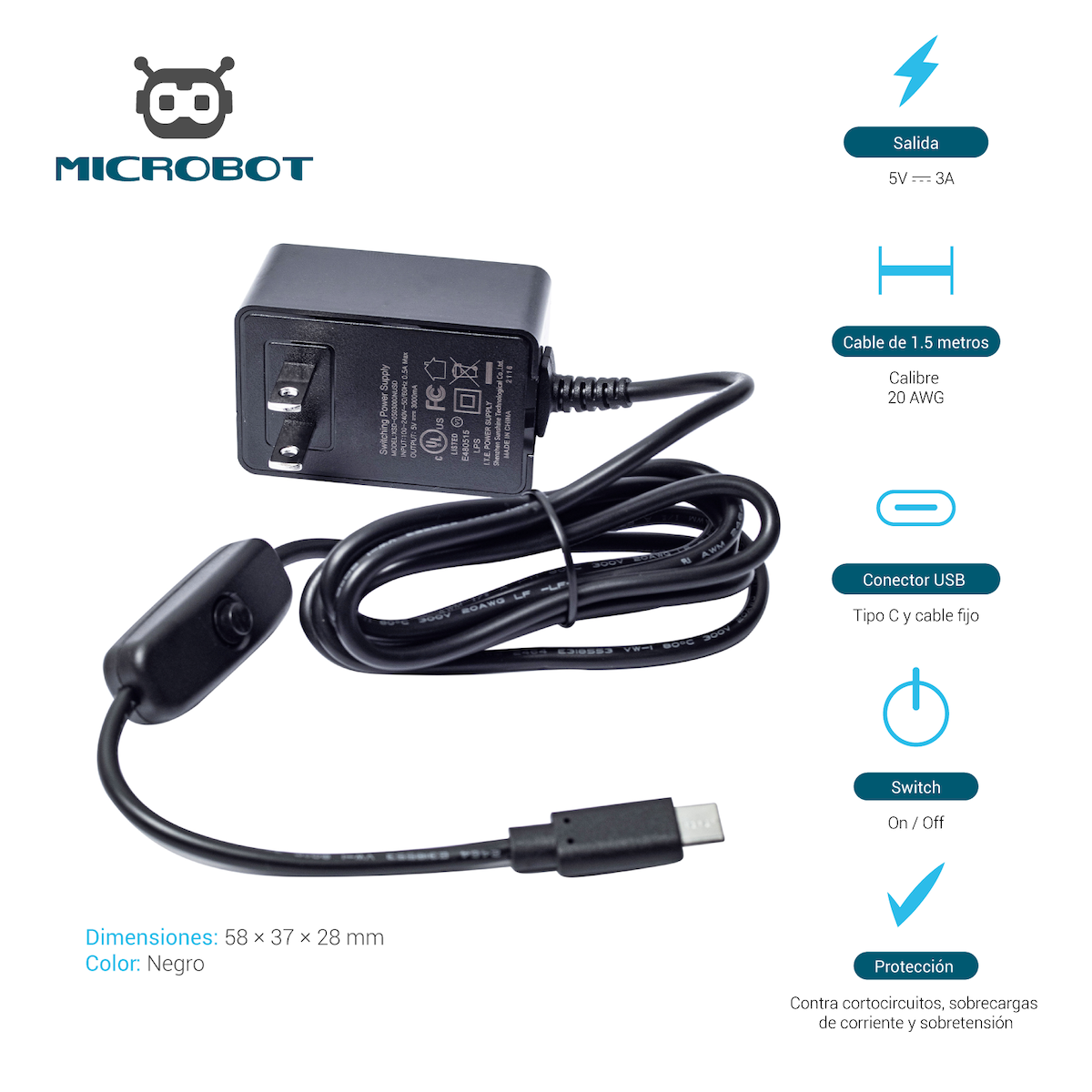 Black USB Type-C power adapter with 1.5-meter cable for Raspberry Pi electronics components and microcontrollers. - Kit Raspberry Pi 4 Case Negro SD HDMI - Microbot México - 1GB