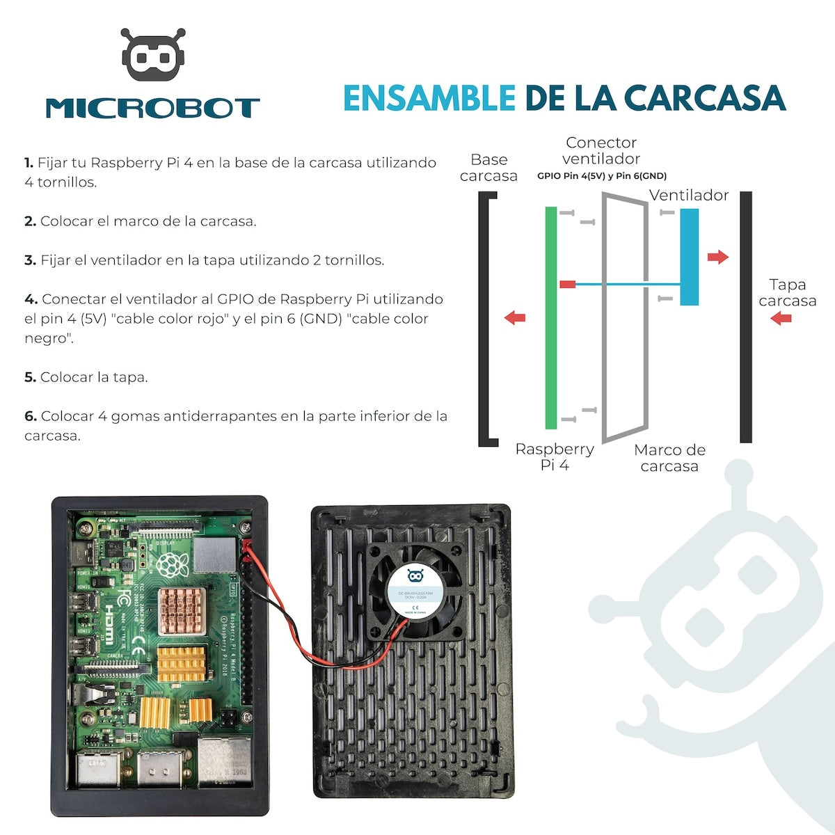 Black Raspberry Pi 4 case with integrated cooling fan, microcontroller setup for electrónica and componentes projects. - Kit Raspberry Pi 4 Case Negro SD HDMI - Microbot México - 1GB