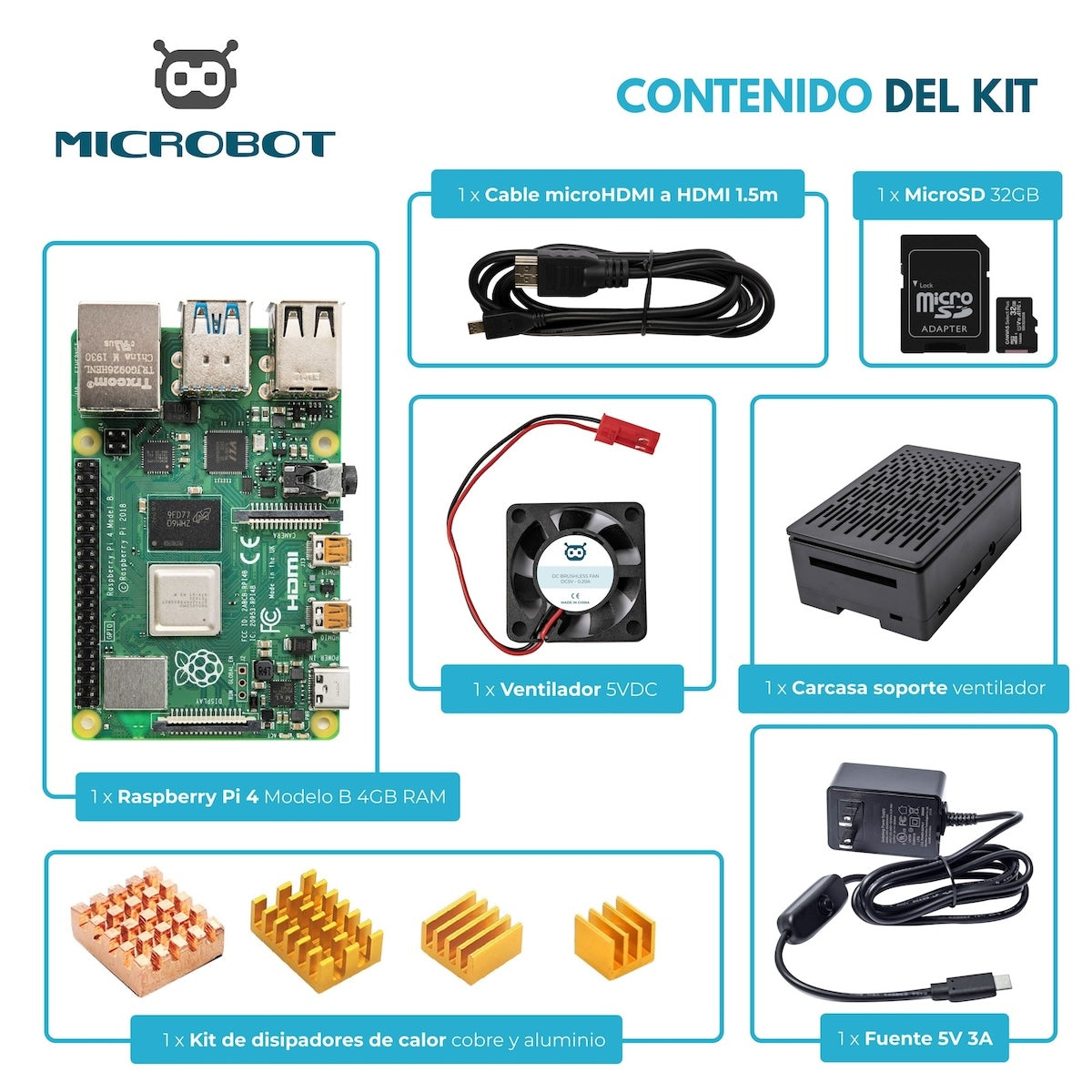 Raspberry Pi 4 kit with black case, HDMI cable, microSD card, cooling fan, heat sinks, and 5V power supply for electrónica. - Kit Raspberry Pi 4 Case Negro SD HDMI - Microbot México - 1GB