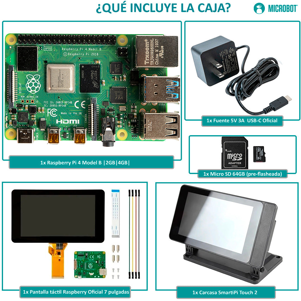 Kit HMI Raspberry Pi 4 Pantalla Táctil 7 Pulgadas SD 64GB