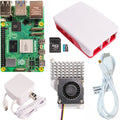 Kit completo Raspberry Pi 5 con cable de alimentación USB-C, tarjeta microSD y disipador con ventilador.