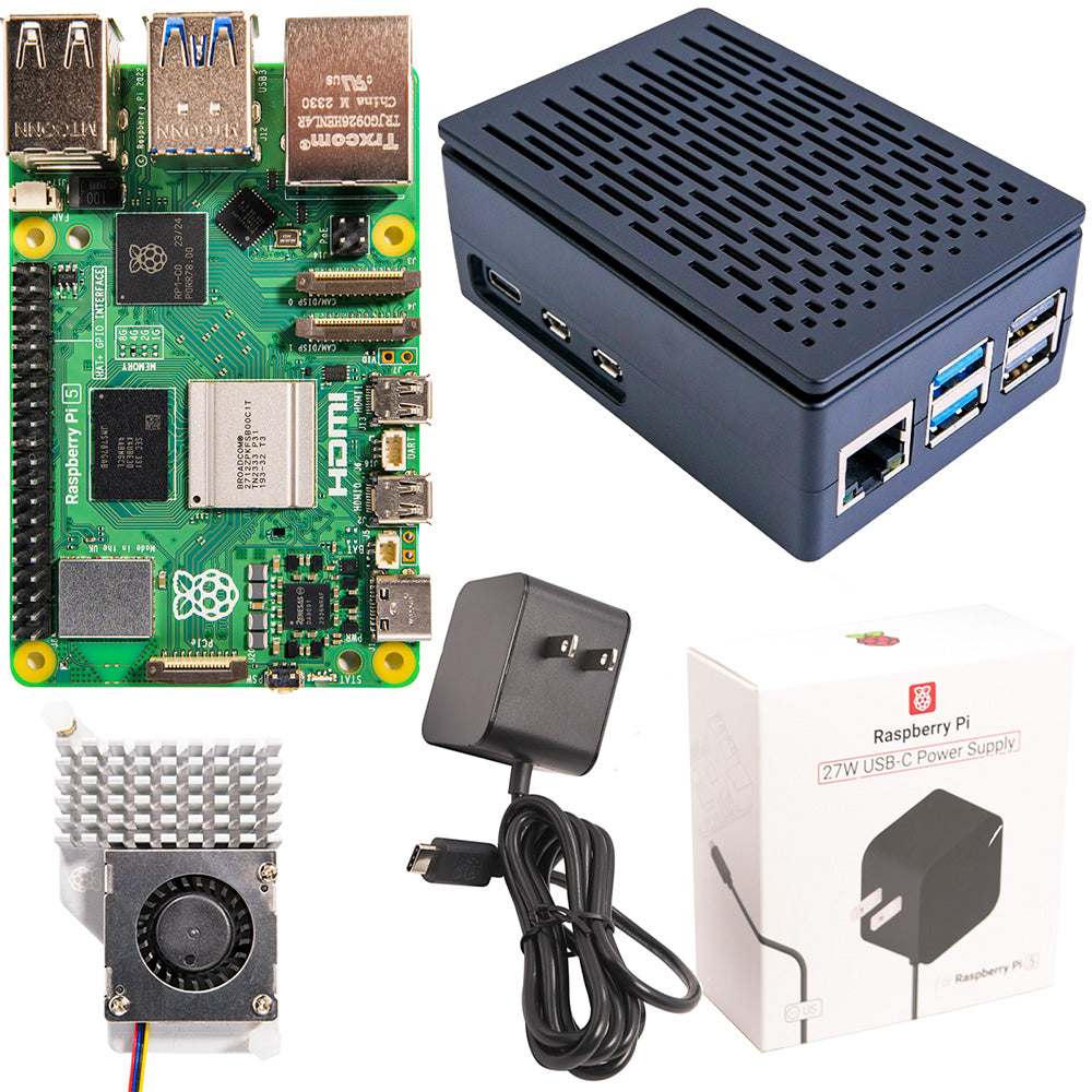 Kit básico Raspberry Pi 5 con carcasa ABS negra, Active Cooler y fuente oficial 27W