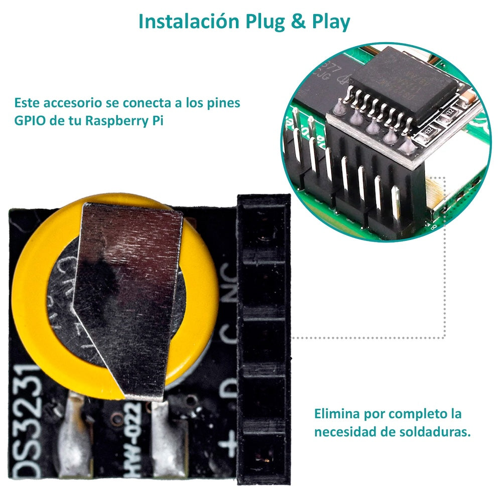Módulo RTC DS3231 con pila de botón amarilla y conector Plug & Play, mostrando la conexión directa a los pines GPIO de Raspberry Pi sin necesidad de soldadura
