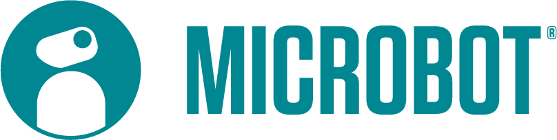Logo de MICROBOT en color cian con icono de un robot estilizado en círculo y fondo transparente