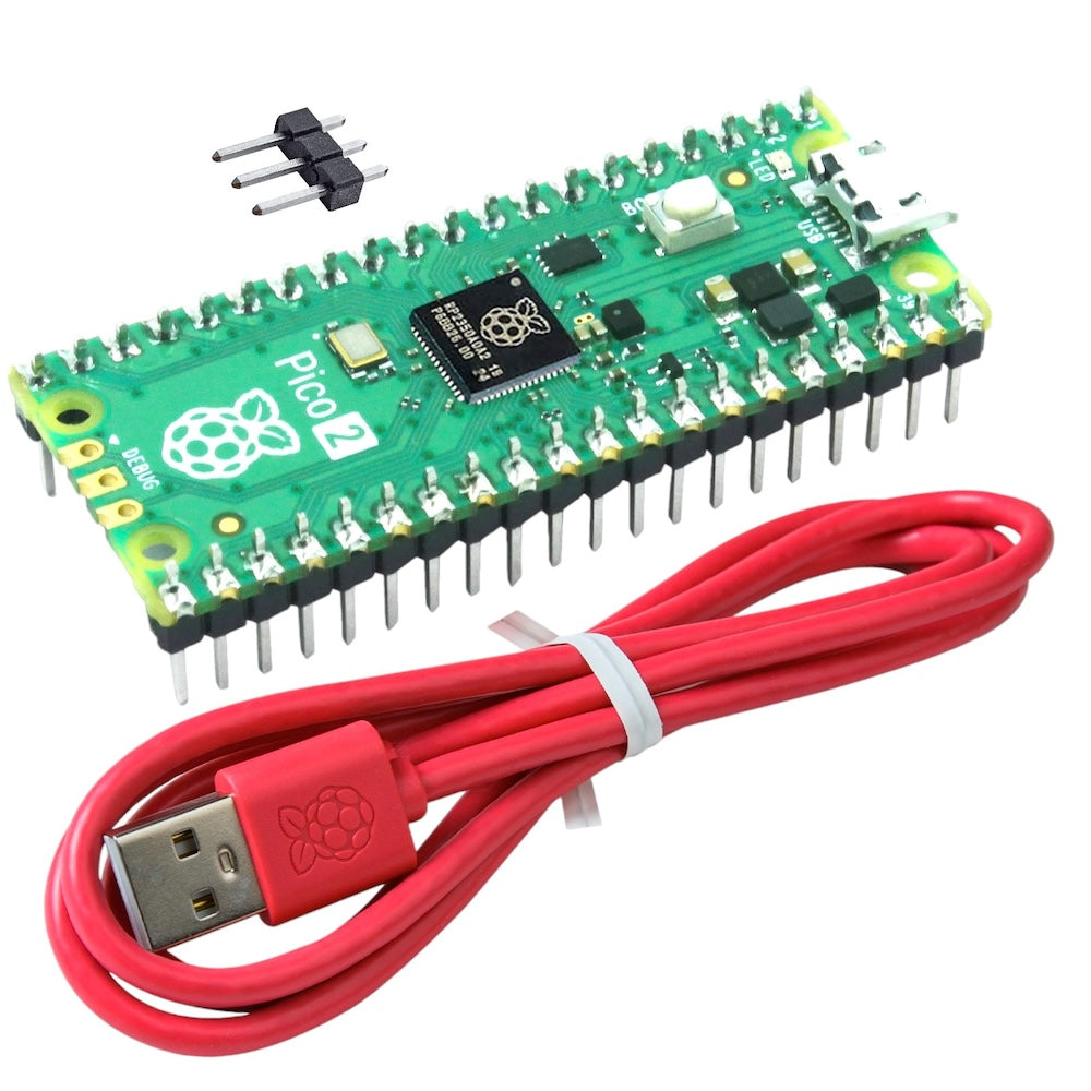 Placa microcontroladora verde con el logo de Raspberry PiI con su cable USB