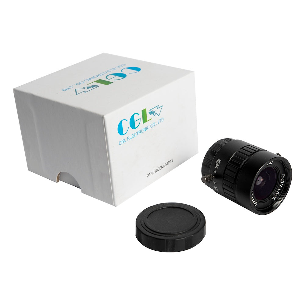 6mm wide-angle camera lens 3MP with black plastic cap and white CGEY packaging for electrónica and microcontroladores. - Lente Gran Angular 6MM 3MP - Microbot México - Default Title