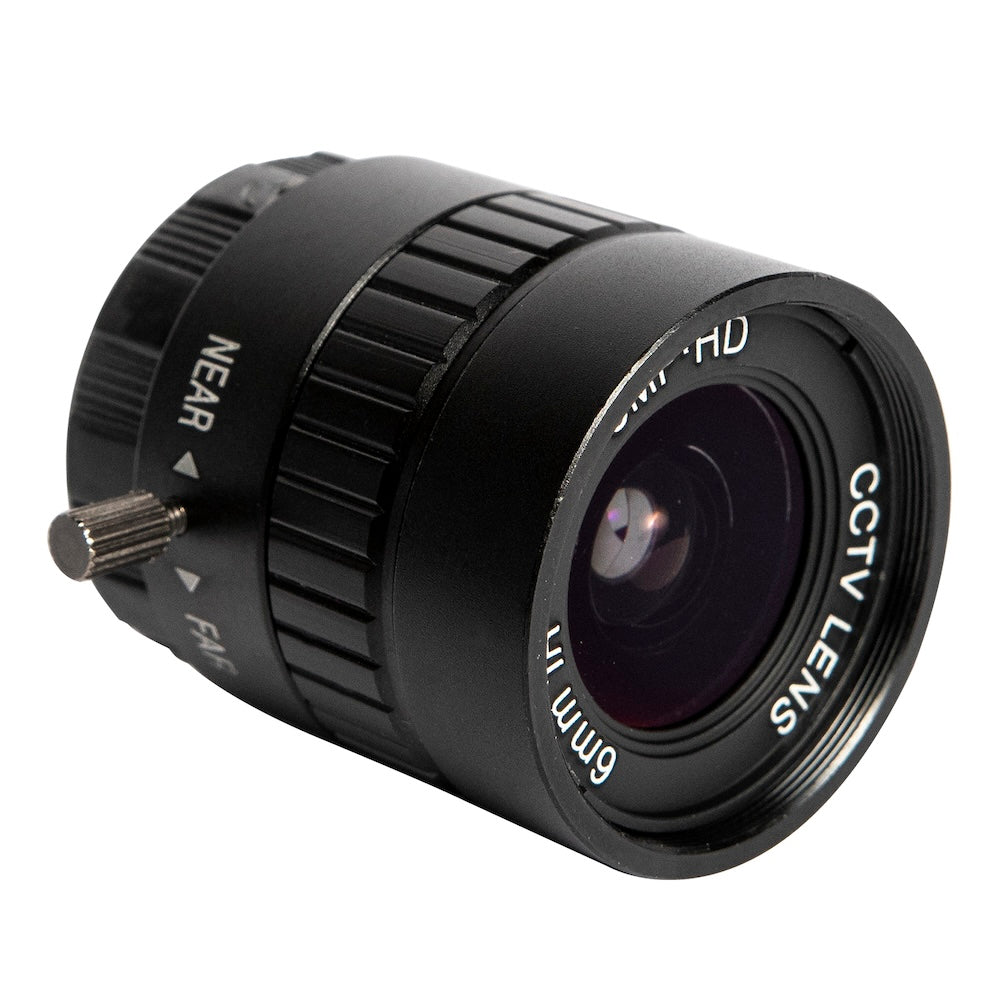 Black 6mm wide-angle CCTV lens with manual near focus, compatible with electronic components and Raspberry Pi modules. - Lente Gran Angular 6MM 3MP - Microbot México - Default Title