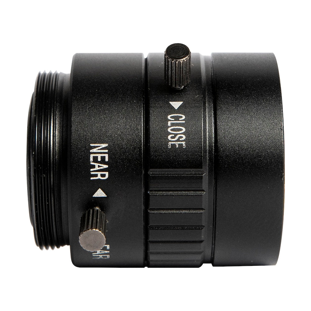 Black metal 6MM wide-angle camera lens with adjustable focus knobs for electrónica, módulos, and raspberry pi projects. - Lente Gran Angular 6MM 3MP - Microbot México - Default Title