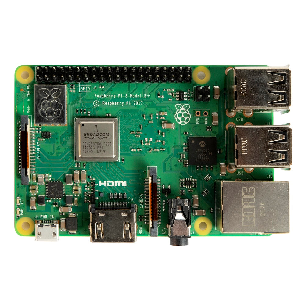 Raspberry Pi 3 Model B+ green circuit board with microcontroller, USB ports, HDMI, and GPIO pins for electrónica and arduino . - Raspberry Pi 3 Modelo B+ - Microbot México - Default Title