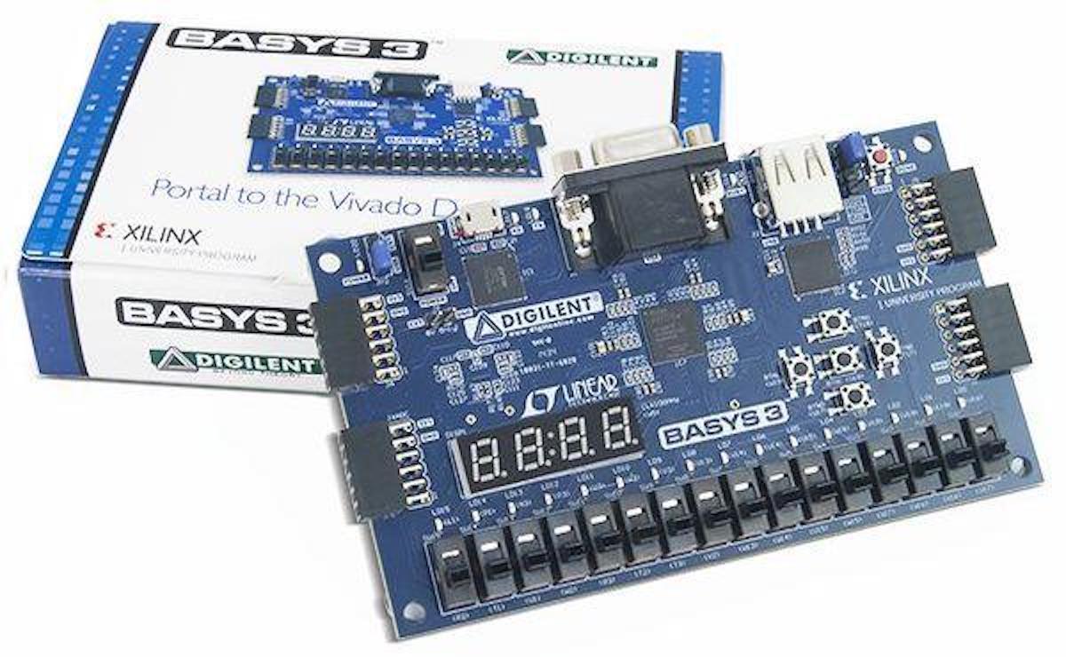 Blue FPGA Basys 3 Artix-7 board with multiple microcontroller pins, USB ports, and seven-segment displays for electrónica. - FPGA Basys 3 Artix-7 - Microbot México - Default Title