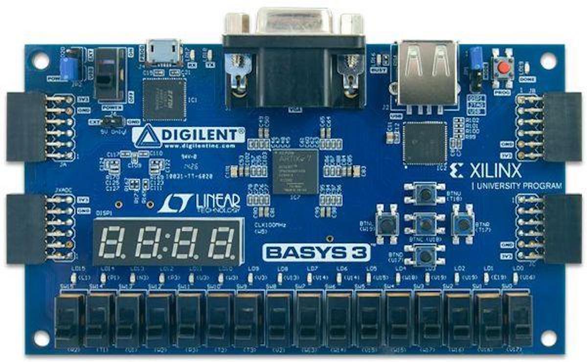 Blue FPGA Basys 3 Artix-7 board with microcontroller, multiple connectors, sensors, and modules for electrónica and. - FPGA Basys 3 Artix-7 - Microbot México - Default Title