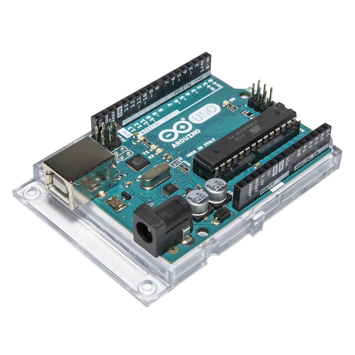Arduino UNO Rev3 microcontroller board with USB port and multiple electronic components mounted on a blue PCB in a clear. - Arduino UNO Rev3 - Microbot México - Default Title