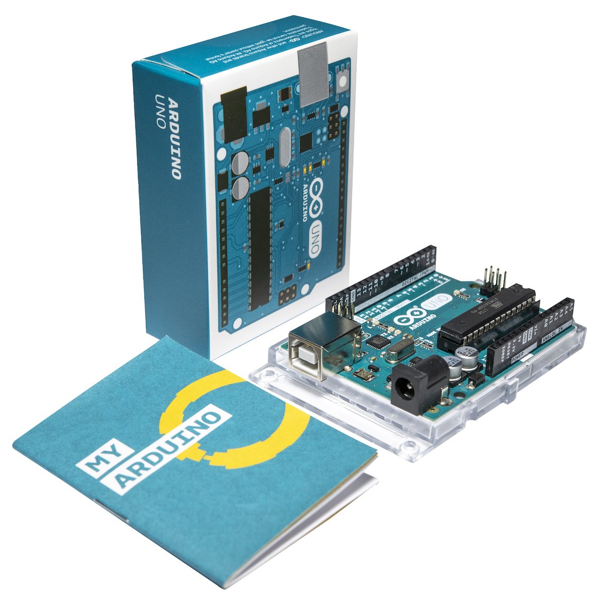 Arduino UNO Rev3 microcontroller board with USB port, power jack, and digital/analog pins, accompanied by user manual and. - Arduino UNO Rev3 - Microbot México - Default Title