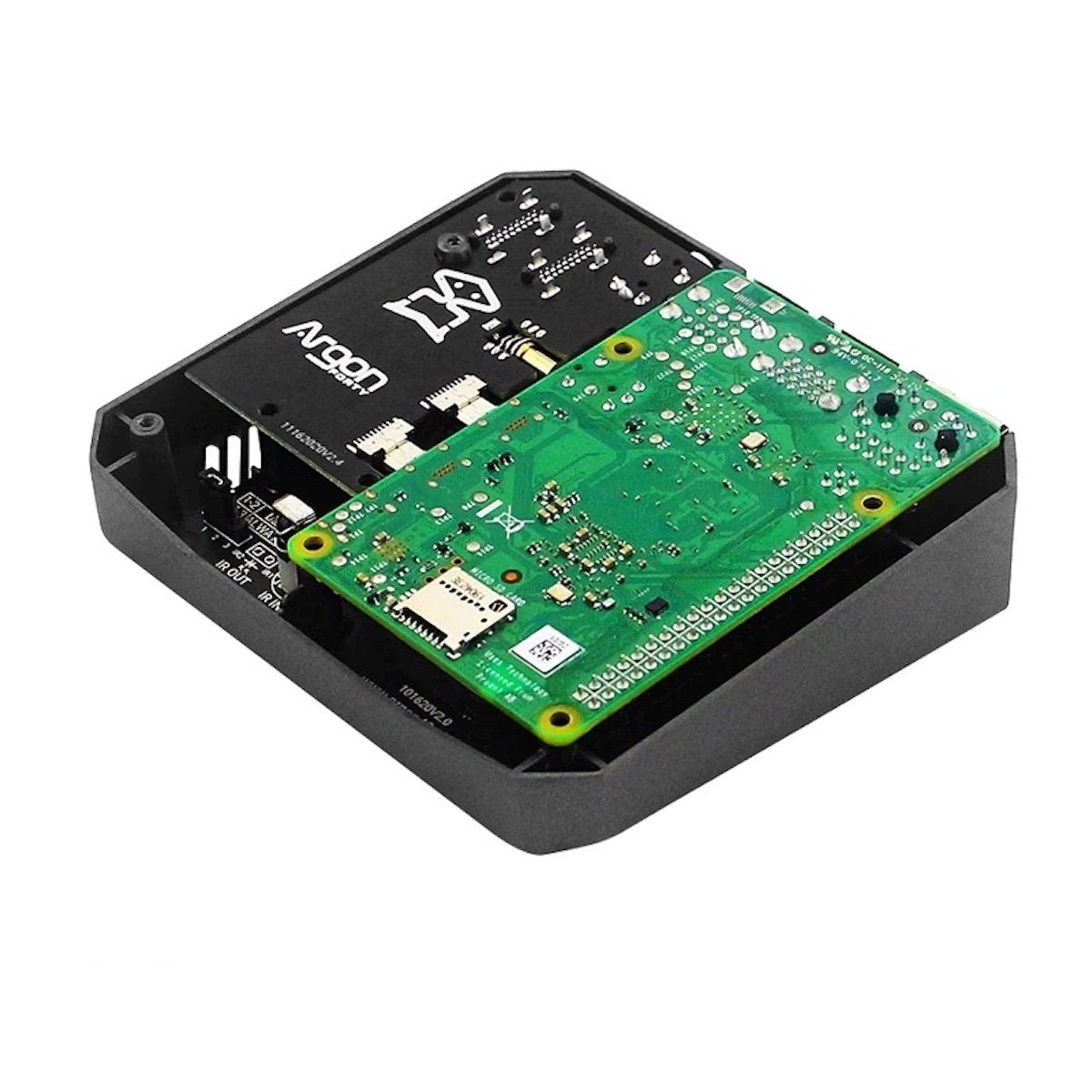 Black aluminum Argon One V2 case designed for Raspberry Pi with visible green electronic circuit board and microcontroller. - Carcasa Aluminio Argon One V2 - Microbot México - Default Title