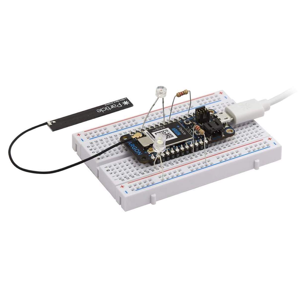 Particle Argon IoT Kit with microcontroller, sensores, módulos, and electrónica components on a white breadboard, USB. - Particle Argon IoT Kit - Microbot México - Default Title