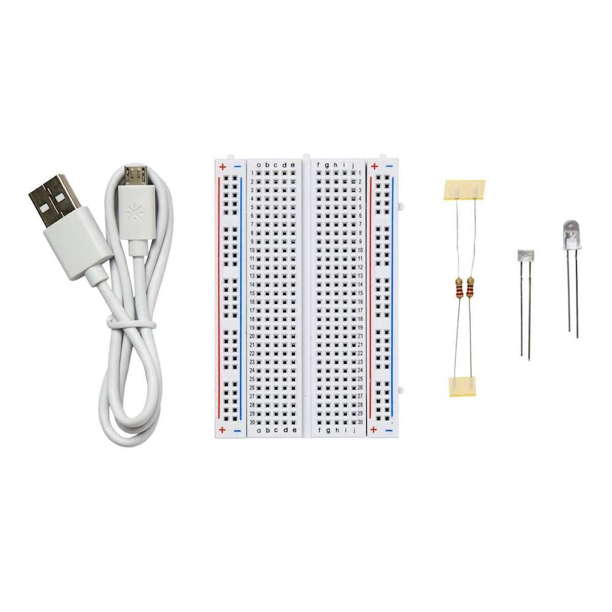 White breadboard with USB cable, resistors, and three microcontroller sensores componentes for Arduino and Raspberry Pi. - Particle Argon IoT Kit - Microbot México - Default Title