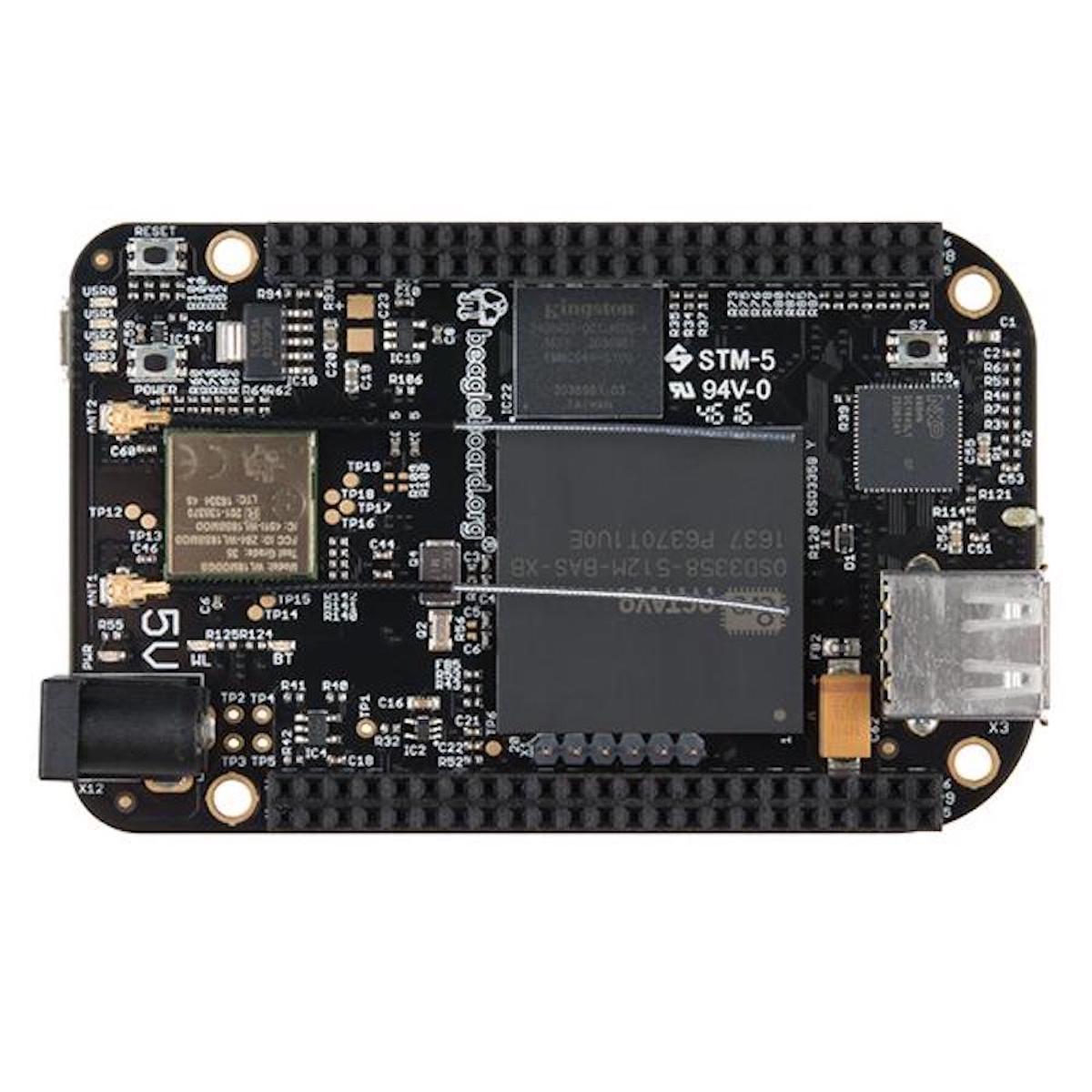 BeagleBone Black Wireless microcontroller board with black PCB, USB port, and multiple electronic components for. - BeagleBone Black Wireless - Microbot México - Default Title