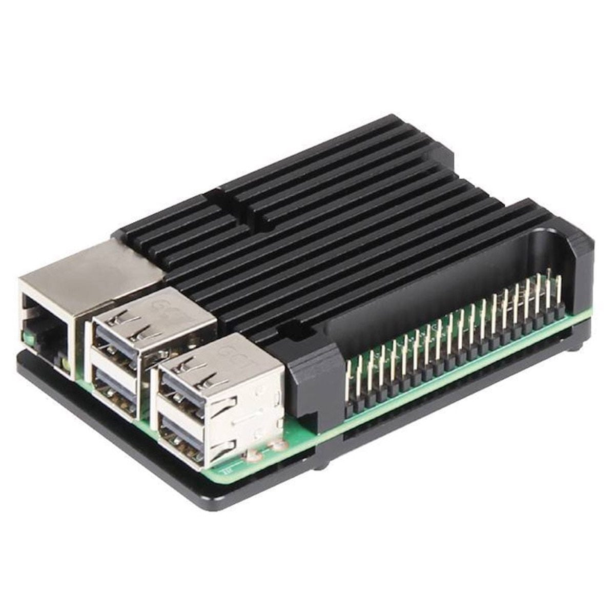 Black aluminum case protecting Raspberry Pi 3 board with visible GPIO pins for electrónica componentes Arduino sensores. - Carcasa Aluminio Raspberry Pi 3 - Microbot México - Default Title