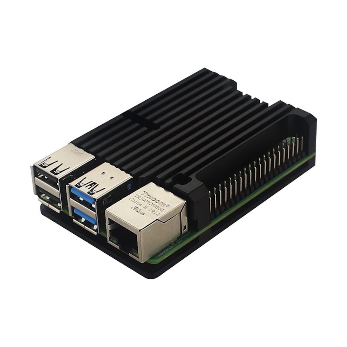 Black aluminum case for Raspberry Pi 4 with heatsink fins, housing electronic components and microcontrollers. - Carcasa Aluminio Raspberry Pi 4 - Microbot México - Default Title