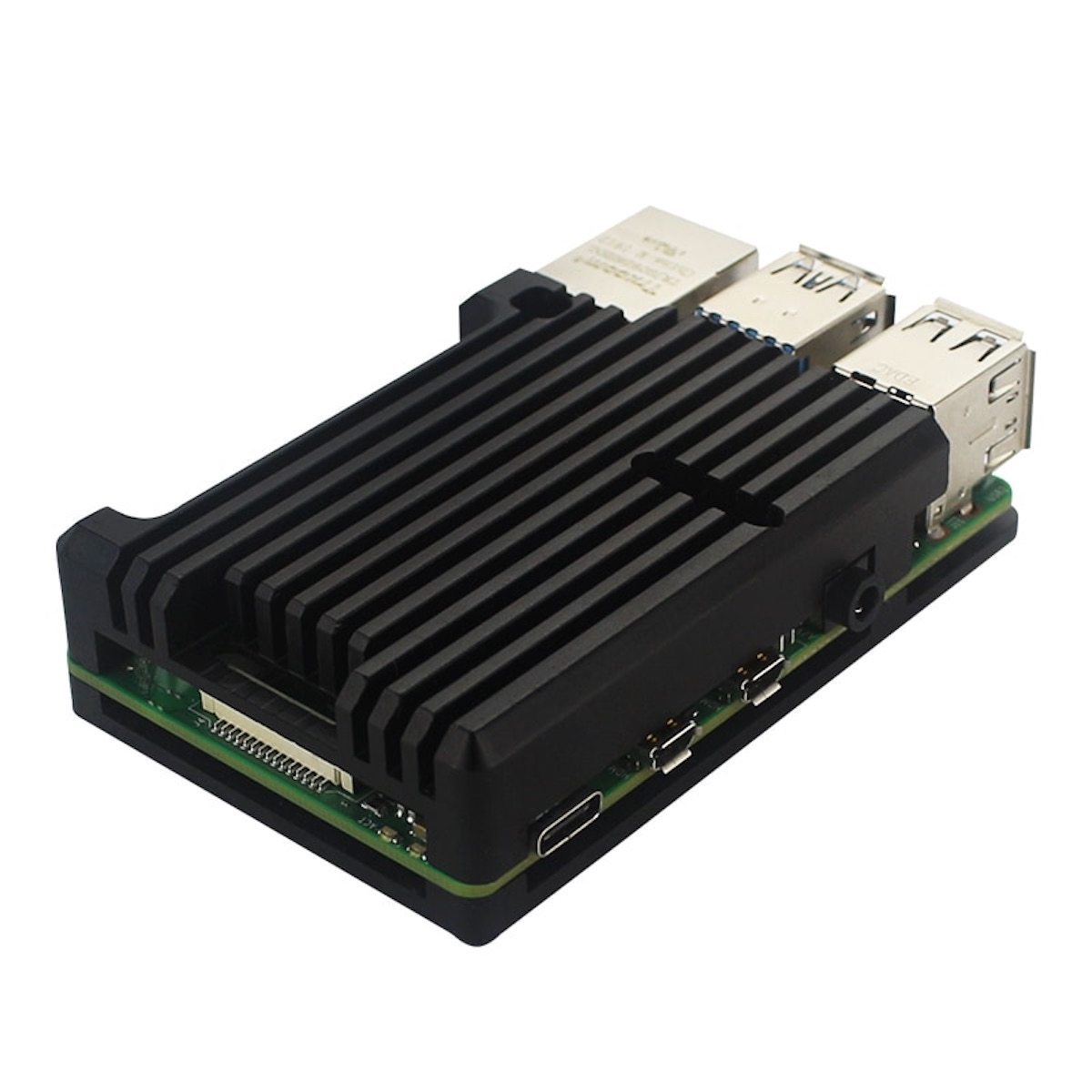 Black aluminum heat sink case for Raspberry Pi 4 highlighting electronic components and microcontrollers. - Carcasa Aluminio Raspberry Pi 4 - Microbot México - Default Title