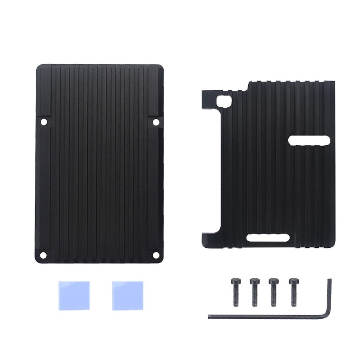 Black ribbed aluminum case components for Raspberry Pi 4 with screws and hex key, designed for electrónica, componentes,. - Carcasa Aluminio Raspberry Pi 4 - Microbot México - Default Title