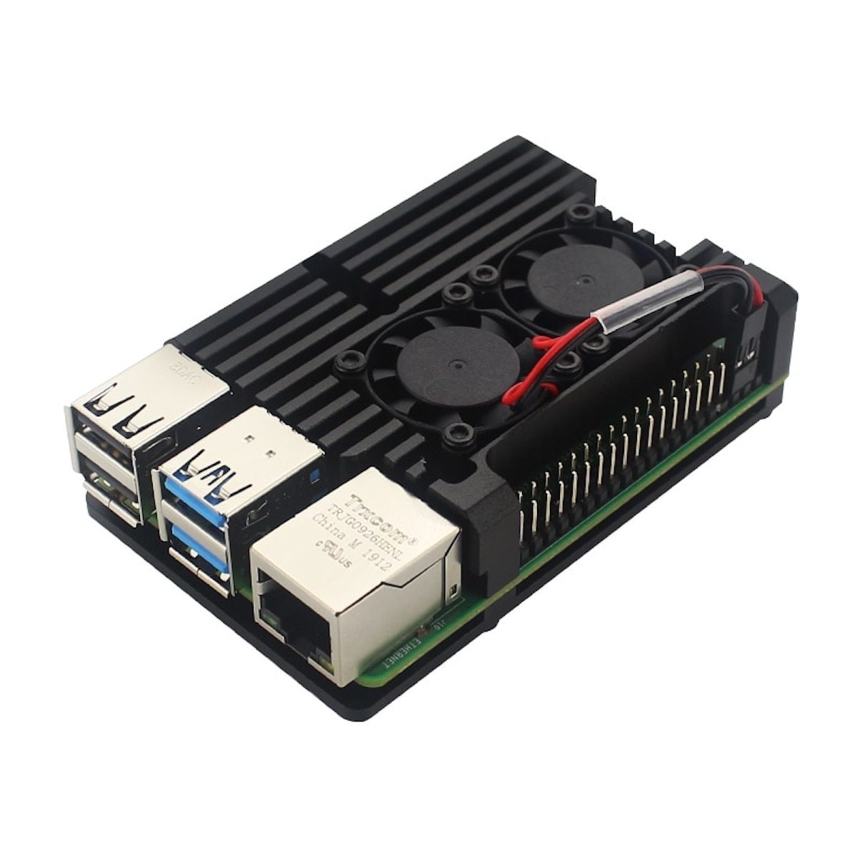 Black aluminum dual-fan case for Raspberry Pi 4 protecting electrónica components and microcontroladores. - Carcasa Aluminio Doble Ventilador Raspberry Pi 4 - Microbot México - Default Title
