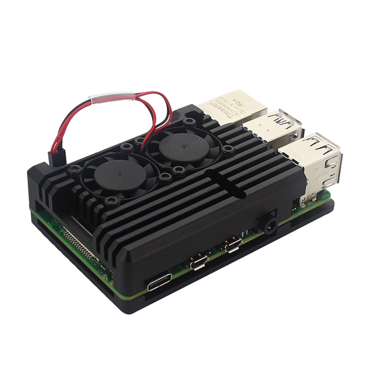 Black aluminum case with dual fans mounted on Raspberry Pi 4 board for electrónica components and microcontroladores cooling. - Carcasa Aluminio Doble Ventilador Raspberry Pi 4 - Microbot México - Default Title