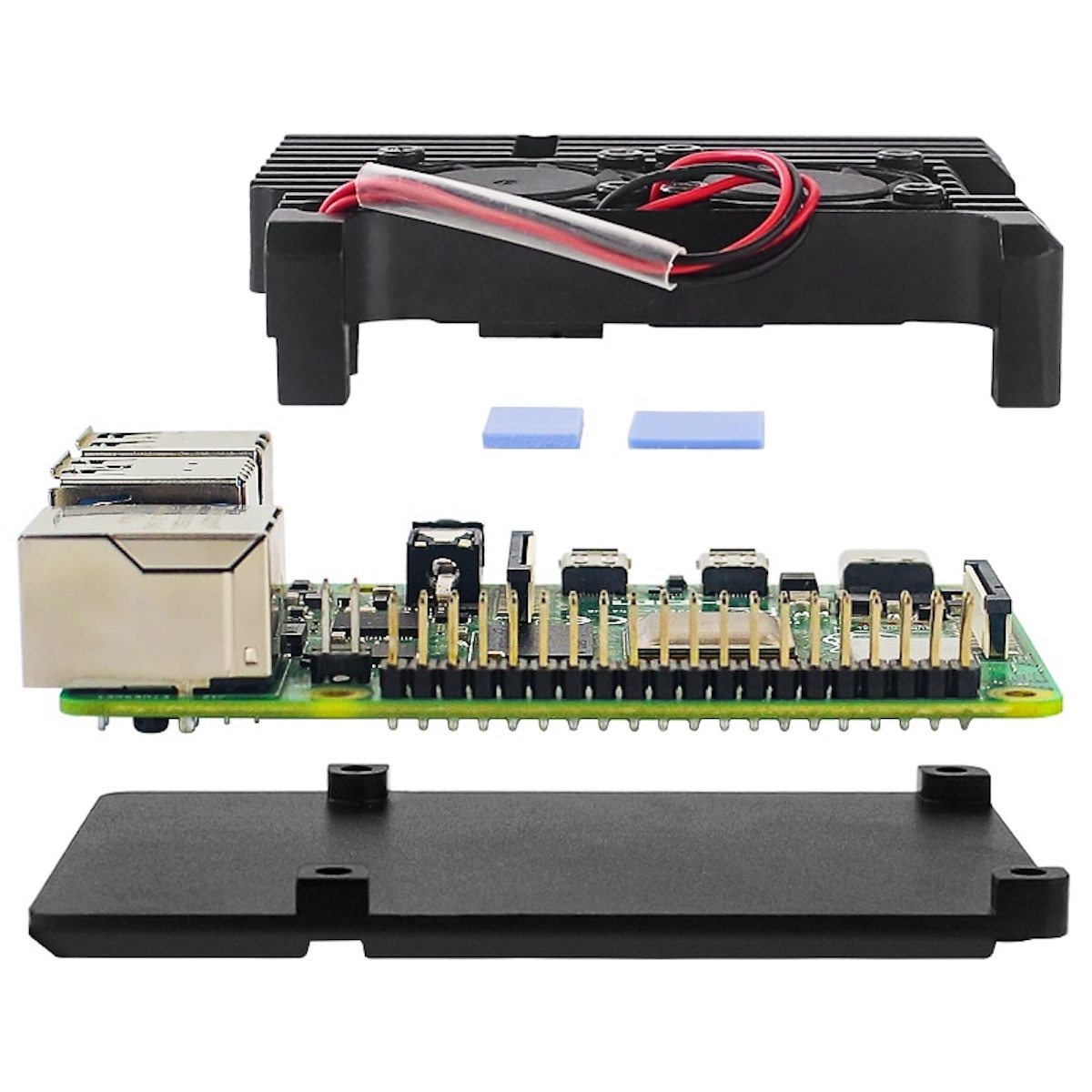 Aluminum dual-fan case for Raspberry Pi 4 with cooling fans and mounting components for electrónica and microcontroladores. - Carcasa Aluminio Doble Ventilador Raspberry Pi 4 - Microbot México - Default Title