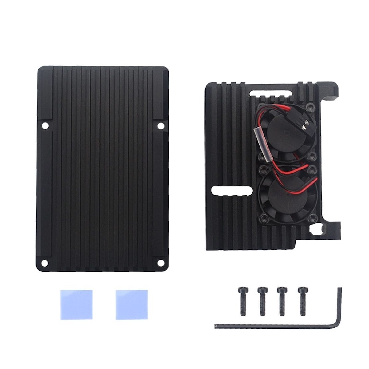 Black aluminum double fan case for Raspberry Pi 4 with screws, thermal pads, and hex key for electrónica and. - Carcasa Aluminio Doble Ventilador Raspberry Pi 4 - Microbot México - Default Title