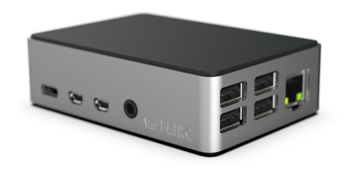 Aluminum Flirc case for Raspberry Pi 4 with black top, ports for USB, Ethernet, and audio, designed for electrónica and. - Carcasa Aluminio Flirc Raspberry Pi 4 - Microbot México - Default Title