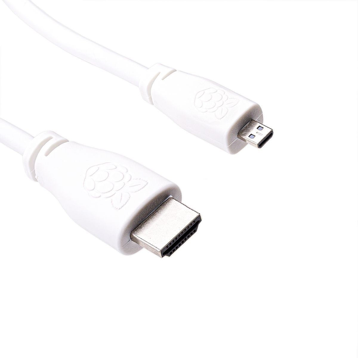 White 1-meter micro HDMI to HDMI cable with Raspberry Pi logo, for electrónica and componentes use. - Cable Micro Hdmi a Hdmi Raspberry Pi 4 Oficial - Microbot México - 1M / Blanco