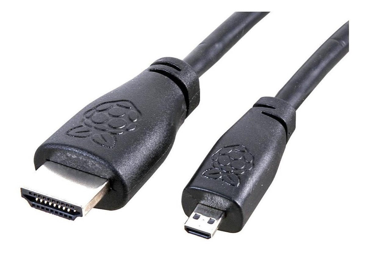 Black micro HDMI to HDMI cable with Raspberry Pi logo, ideal for electrónica and microcontroladores projects. - Cable Micro Hdmi a Hdmi Raspberry Pi 4 Oficial - Microbot México - 1M / Blanco