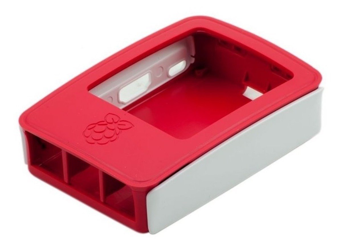 White and red official Raspberry Pi 3 case for electronic modules and microcontrollers housing components and sensors. - Carcasa Oficial Raspberry Pi 3 - Microbot México - Blanco/Rojo