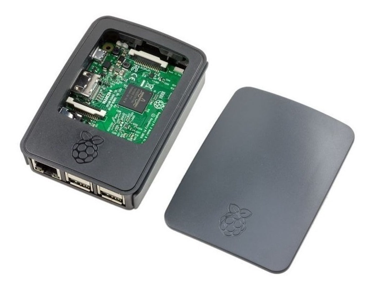 Black official Raspberry Pi 3 case showing microcontroller board with ports, ideal for electronics and Arduino projects. - Carcasa Oficial Raspberry Pi 3 - Microbot México - Blanco/Rojo