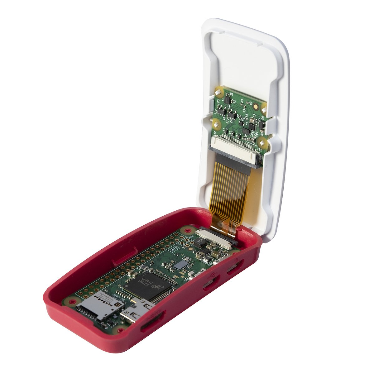 Red official Raspberry Pi Zero case open showing green circuit board with electronic components and microcontroller module. - Carcasa Raspberry Pi Zero Oficial - Microbot México - Default Title