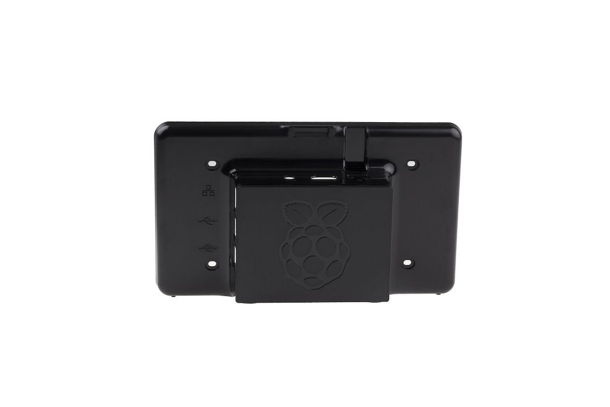Black official Raspberry Pi 3 case with 7-inch screen, designed for electrónica, microcontroladores, and módulos integration. - Carcasa Raspberry Pi 3 Pantalla 7 Pulgadas Oficial - Microbot México - Negro