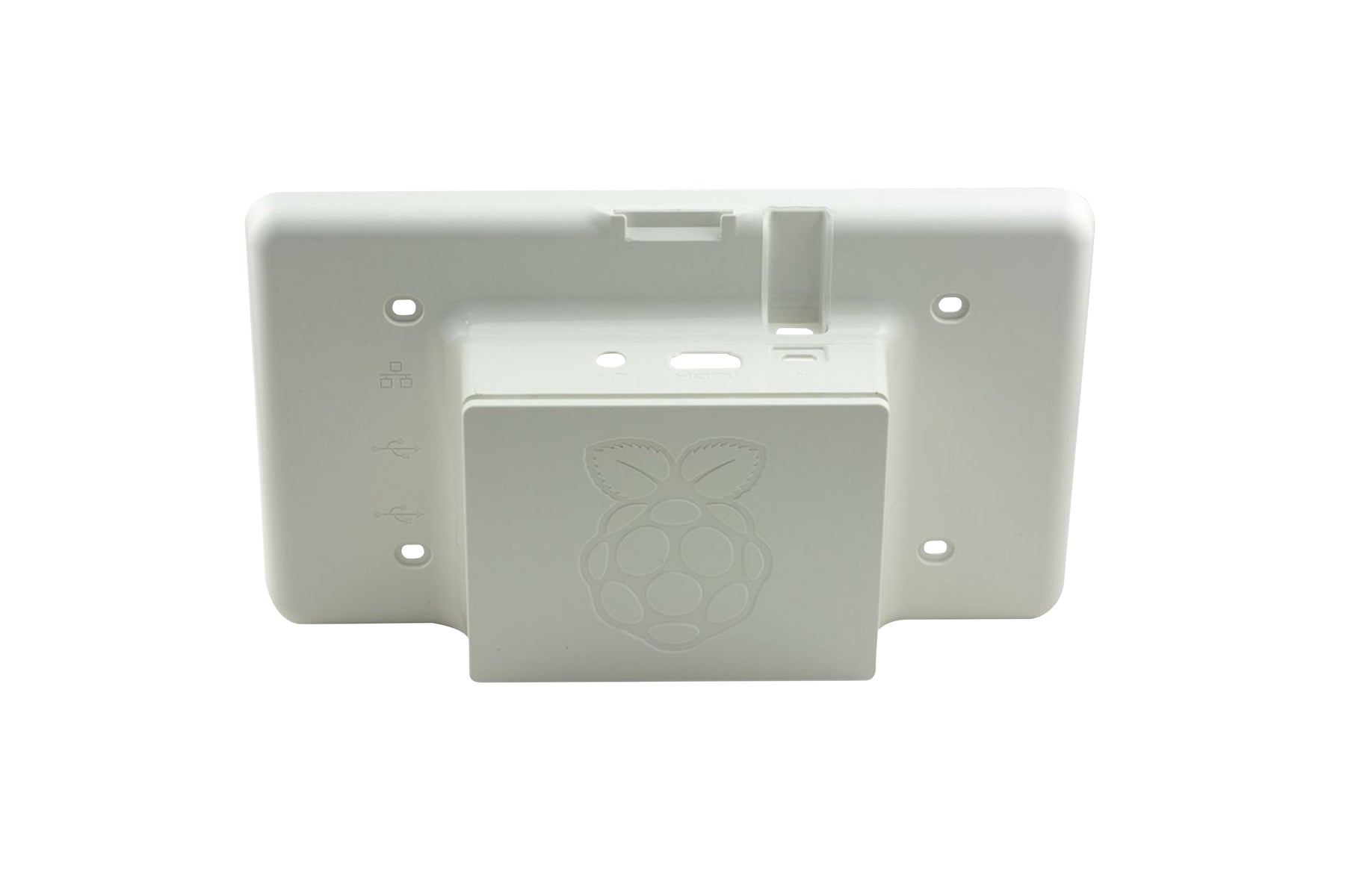 White official Raspberry Pi 3 case for 7-inch screen with molded logo for electrónica components and microcontroladores. - Carcasa Raspberry Pi 3 Pantalla 7 Pulgadas Oficial - Microbot México - Negro