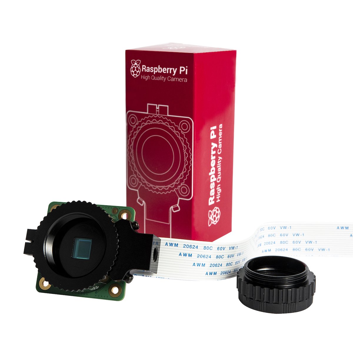 Raspberry Pi HQ 12MP camera module with lens and ribbon cable, electronics components for Arduino and microcontrollers. - Cámara Raspberry Pi Alta Calidad HQ 12MP - Microbot México - Default Title