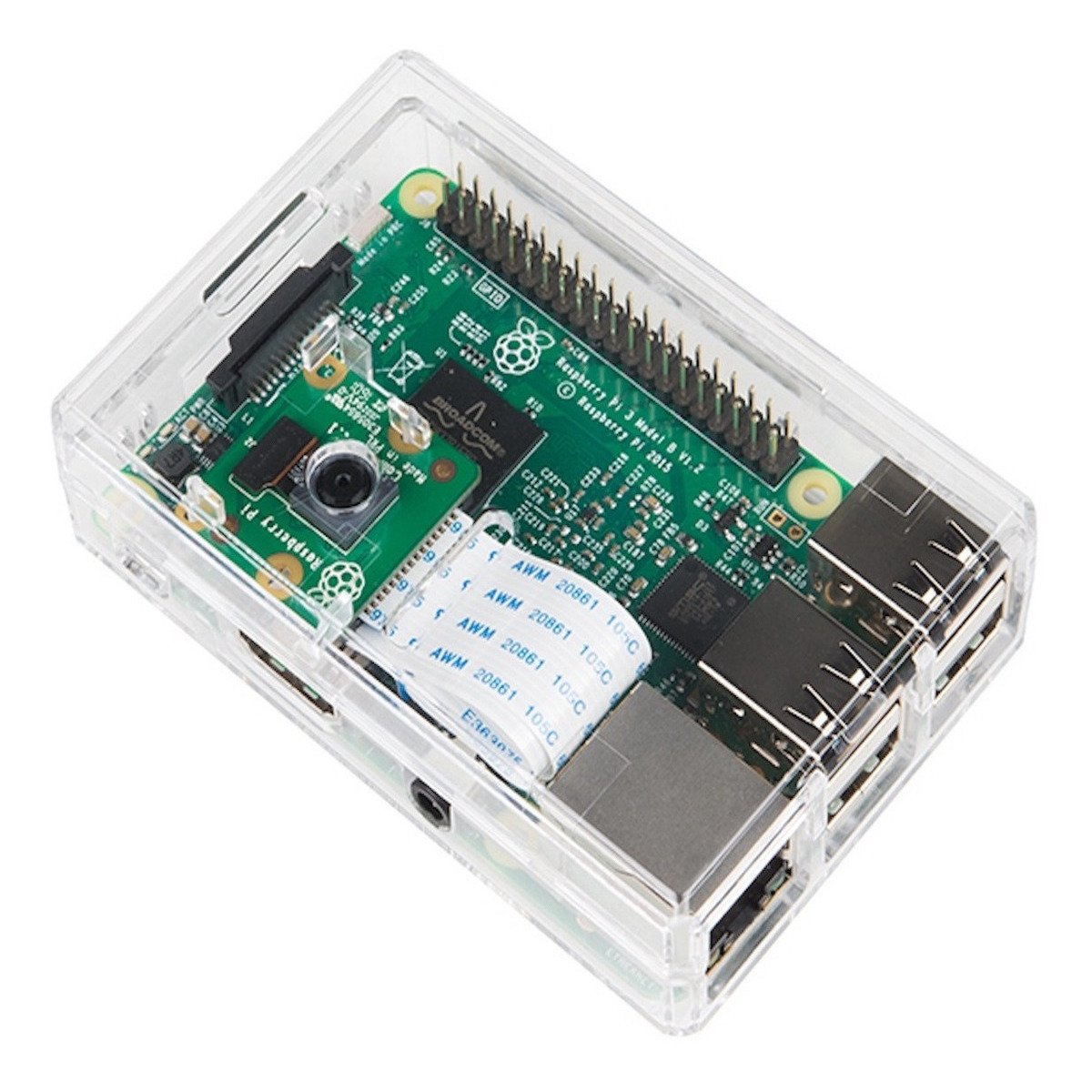 Clear plastic case housing Raspberry Pi 3B board with camera module for electrónica proyectos. - Carcasa Soporte Cámara Raspberry Pi 3B - Microbot México - Default Title