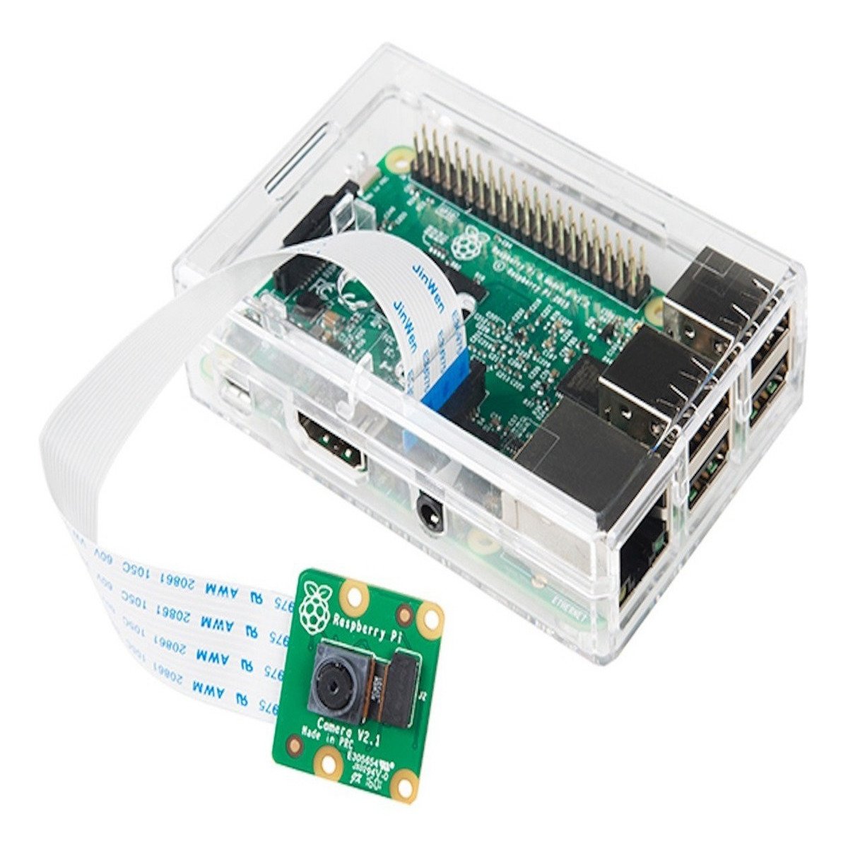 Transparent plastic camera case housing Raspberry Pi 3B with connected camera module for electrónica projects. - Carcasa Soporte Cámara Raspberry Pi 3B - Microbot México - Default Title